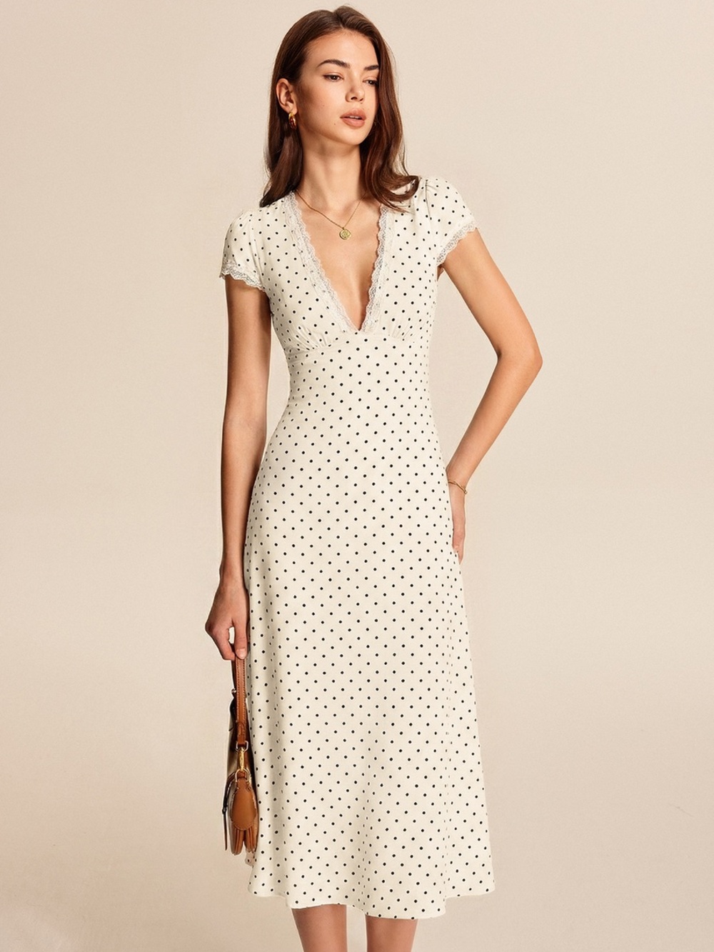 Commense Polka Dot Lace Trim Midi Dress